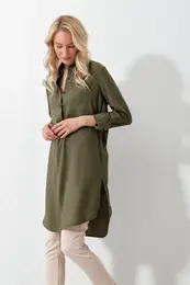 Trend Alaat Stili Women's Khaki Shirt Collar Half Pop Long Woven Tunic