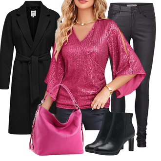 Wetlook Outfit mit Rosa Pailletten Bluse/GlitzerBluse GRACE KARIN "Elegantes Winter Outfit"Look: Schön, Casual, Goa, Uni, Emo, Elegant, Glanz, Nahtlos, Wetlook, Edel, Glamourös, Disco, Metallic, Egirl