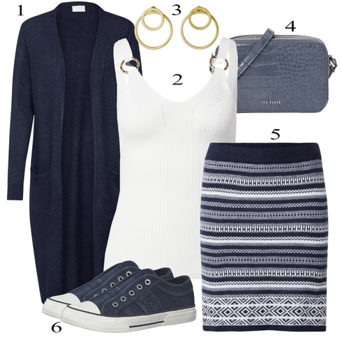 Comment poter Beige/Doré Bijou Pendent d'Oreille/Créole/Clip d'Oreille Pilgrim avec Bleu foncé Cachemire-Cardigan/Cardigans Longs/Robe Grande Taille Vila