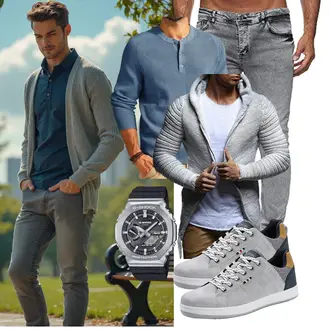Outfit mit Grau/Weiß/Hellblau/Creme/Schwarz/Silber Thermo Pullover/Winterpullover/Longpullover/2-in-1 Pullover/Kapuzenpullover Leif Nelson "Freizeit Outfit"