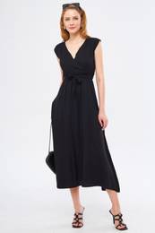 Women's Black Efta Dress Back and Front Collar Double Breasted Belted Midi Length