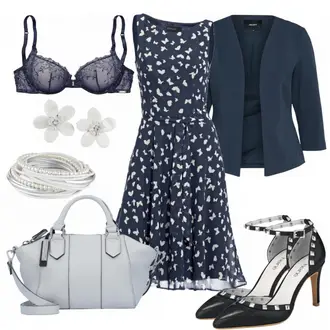 Outfit mit Dunkelblau/Blau Kleid Große Größe/Polka Dot-Kleid/Sommerkleid/50er Jahre Kleid/Ärmelloses Kleid/A-Linien Kleid/Bedrucktes Kleid/Fit & Flare Kleid Heine "Etoile"