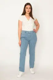 ans Women's Plus Size Blue 5-Pocket Striped Jeans Pants