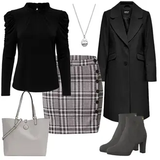 Outfit mit Dunkelgrau/Grau/Lila/Dunkelblau 90er Rock/Rock Zum Binden/Karierter Rock/Hahnentritt Rock Hailys "Eleganter Freizeitlook"