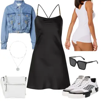Outfit mit Schwarz/Grau/Dunkelgrau Kleid Große Größe/Trägerkleid/Neckholder Kleid/Satin Kleid/Spaghettiträger Kleid/Tenniskleid "Stylisher Alltagslook"