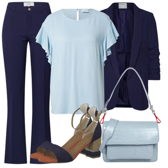 Schön Outfit mit Hellblau Bluse Oberteil/Lederjacke/Volantbluse/Kurzarmbluse/Einfarbige Bluse/Bluse Große Größe/Shirt & Top Große Größe/Tunika Vila "Outfit für den Sommer"Look: Uni, Rad, Stil, 20er Jahre, Lagenlook, Schön, Mit Transparent