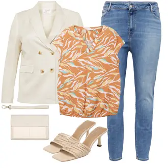 Jeans Outfits mit Creme/Beige/Weiß/Khaki Mantel/Anzug Lederjacke/Zweireiher Blazer guido maria kretschmer curvy "Stylische Sommerlaune"