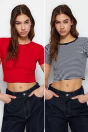 Navy Blue Striped-Red Plain 2-Pack Fitted/Simple Crop Corduroy Knit Blouse