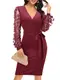 Laughido Netz Figurbetontes Abendkleid Knielang Partykleider Damen Stickerei Blumen Applikation Bishop Ärmel Bleistiftkleid Mit Knoten Gürtel (Weinrot, Mittel)