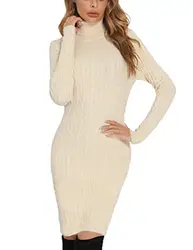 Enjyam Damen Rollkragen Strickkleid Langarm Figurbetonter Pullikleid mit Zopfmuster Warmer Langer Pullover für Herbst Winter Beige,L