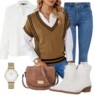 Cowgirl Outfit mit Grau/Beige/Creme/Weiß/Silber Cowboy Stiefel/Western Stiefelette/CowboyStiefel Elara "Perfekt für den Herbst"Look: Stil, Trendige, Edel, Feine, Cowgirl, Western, Country Styl