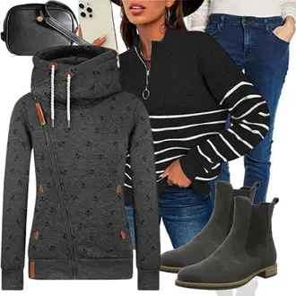 Outfit mit Blau/Dunkelblau/Hellblau Sweatjeans/Knöchelstiefel/Low Rise Jean/Schlupfjeans/Regular-Fit Jeans/Push up Jeans/Leder Schuhe/Winterjacke/Lederjacke/Slim Fit Jeans Mustang "Winter Outfit"
