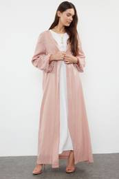 Dusty Rose Shiny Fabric with Pearl Detail Woven Cap & Abaya & Abaya