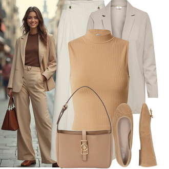 viskóza Outfit sa Smeđa/Bež Majica S Visokim Okovratnikom/Muške cipele/Pleteni top/Top Bez Rukava Edited "Moderan outfit za slobodno vrijeme"
