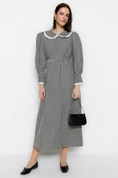 Black Gingham Textured Fabric Baby Collar Waist Gipe Detailed Woven Dress