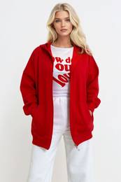 Trend Alaat Stili Women's Red Hooded Kangaroo Pocket Zippered Raised Sweatshirt