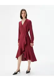 Flared Midi Dress Wrapped Frilly Tied Waist Long Sleeve