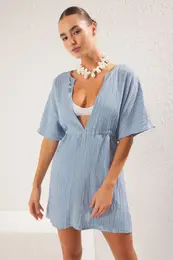Blue Woven Gathered Detailed Muslin Beach Dress