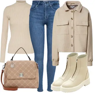 Lack Outfit mit Beige/Khaki Stiefel Lederjacke/Flache Stiefelette/Sneaker Mit Seitlichem Reißverschluss/Stiefel Mit Reißverschluss Edited "Outfit für den Herbst"Look: Uni, Outdoor, Techno, Unisex, Duckfeet, Safari, Bundeswehr, Trendige, Lack, Egirl, Elegant