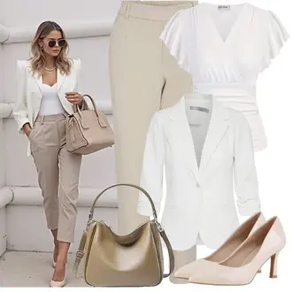 Outfit mit Khaki/Beige/Braun KarottenHose/High Waist Hose/Gerade Hose/Musselin Hose/CapriHose/BügelfaltenHose/Hose mit Schlitz/3/4 Hose/7/8 Hose/SchlupfHose Vila "Perfektes Büro Outfit"