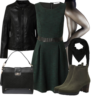 Outfit mit Grün/Dunkelgrün Strickkleid/A-Linien Kleid/Kleid mit Gürtel/Tweed Kleid/Ärmelloses Kleid/Fit & Flare Kleid/Herbstkleid/Kleid mit Tasche About You "Cool für die Freizeit"