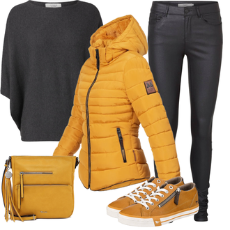 Outfit mit Schwarz/Grau/Dunkelgrau Strick Große/Klassische Tunika/Bluse Lederjacke/Oversize Bluse/Tuniken-Shirt/Shirt & Top Große Größe/Tunika/Pullover Mit Fledermausärmel/Kaschmir Pullover JdY "Modischer Look für den Herbst"