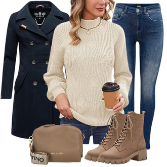 Jeans Outfits Baggy mit Braun/Beige/Weiß/Khaki Pullover Zeagoo "Modischer Look für den Herbst"