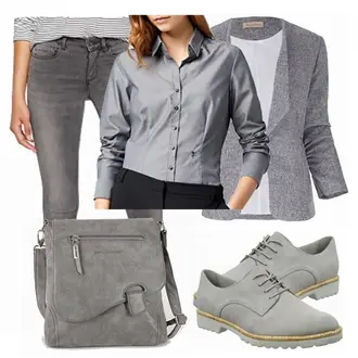 Outfit mit Grau/Dunkelgrau Bluse mit Stehkragen/Bluse Mit Ellen­bogen-patch/LangarmBluse/Bluse Mit Knopf/Business Bluse/Bügelfreie Bluse Seidensticker "Tamaris"