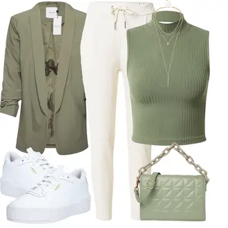 Outfit mit Creme/Weiß/Beige/Khaki Hose Große Größe/Fleecehose/High Waist Hose/Jogger Hose/Musselin Hose/Sporthose/Steghose/Jogginghose/Thermohose VERO MODA "Stylische Kombination für die Freizeit"