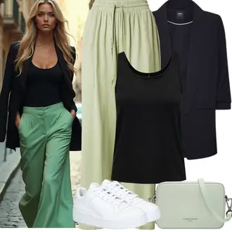 viskóza Outfit sa Tamnozelena/Zeleno/Svjetlozelena/Kaki Hlače s prednjim naborom/Hlače S Naborom/Palazzo Hlača/Hlača za Plažu/Tradicionalna Hlača/Paperbag Hlača/Naborane hlače/Hlače od muslina/Baggy Hlače/Slinky Hlača/Culotte Hlačice/Balon Hlača Vila, Crna Bluza Veći Broj Only "Jarní outfit"
