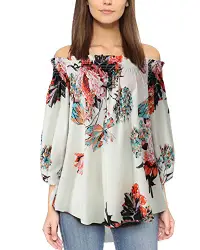ZANZEA Damen Schulterfrei Blumen T-Shirts 3/4 Arm Freizeit Blusen Oversize Oberteile Tops Weiße Blume Small