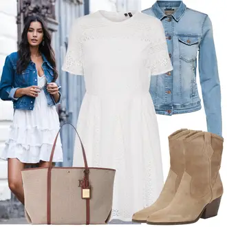 Party Outfits Große Größen mit Hellblau/Blau Mantel/Bluse Große Größe/Kurze Jeansjacke/Vintage Jacke Only, Weiß/Creme/Grau/Silber Kleid Für Konfirmation/Spitzenkleid VERO MODA "Praktischer Look"
