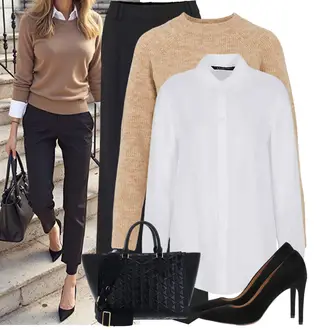 40e verjaardag Gast Outfit met beige/bruin/Khaki Basic Trui/Carmen Trui/Kasjmier Trui/Fijn Gebreide Trui/Kasjmier Trui/Gebreide Trui/Mohair Pullover/Trui met opstaande kraag/Eenvoudige Trui/Coltrui/Wollen Trui/Opstaande kraag cardigan/Cardigan met ronde hals/Wollen vest/Kasjmier cardigan/Boucle vest Pieces "Modieuze lente-outfit"Look: 50e verjaardag, 40e verjaardag, Hutten, Popconcert, School