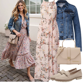 Outfit mit Rosa/Lila/Braun Chiffon Kleid/Langes Sommerkleid/Maxikleid About You "Frühling outfit"