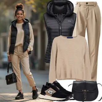 Winter Outfits met zwart Fleece Gilet/Sweat Gilet/Kort Gilet/Wollen Gilet/Puffer Gilet Urban Classics, zwart Portemonnee/Brief Portemonnee/Handtas/Telefoontas/Kleine Tas DKNY "Lichte outfit"