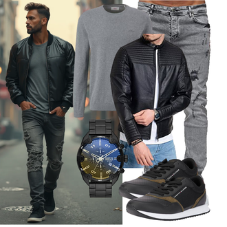 Outfit mit Schwarz Jacke mit Seitlichem Reißverschluss/Bikerjacke/Lederjacke/KunstLederjacke/Leder Bomberjacke Jack & Jones "Freizeit Outfit"