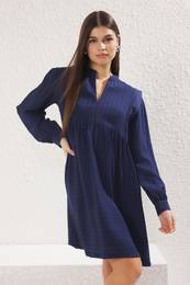 Navy Blue Relaxed Cut V Neck Mini Woven Dress
