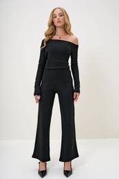 Trend Alaat Stili Women's Black Boat Neck Side Draped Interlock Fabric Blouse and Trouser Set