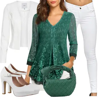 Elegante Outfits Lang mit Grün/Türkis/Dunkelgrün Bluse Oberteil/3/4 Bluse/Spitzentunika Gaharu "Eleganter Look"