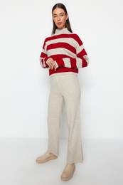 Stone Wide Pattern Striped Knitwear Top-Bottom Set