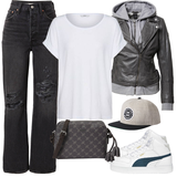 Schwarze Wide Leg Jeans mit Nieten Outfits image