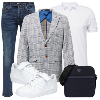 Outfit mit Blau/Hellblau/Dunkelblau Slim Fit Jeans/Herren Lederjacke/Tapered-Jeans/Biker Jeans/Winterjacke/Lederjacke/Leder Schuhe/Low Rise Jean/ThermoJeans/Jeans mit Schlitz/Low Waist Jean/Vintage Jeans Only & Sons "Alltags Outfit"