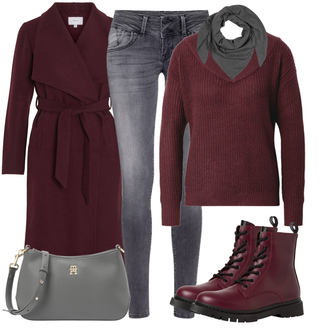 Outfit mit Bordeaux/Lila/Dunkelrot Rückenfreier Pullover/Basic Pullover/Carmenpullover/Cut Out Pullover/Wasserfallpullover/Feinstrickpullover/Kaschmir Pullover/Einfacher Pullover/Pullover Mit V-ausschnitt/Rundhals-Strickjacke/Kurze Strickjacke/V-Strickjacke/Wickelstrickjacke/Samt Pullover/Strickpullover/Pullover Mit Fledermausärmel Only "Herbstliches Freizeit Outfit"
