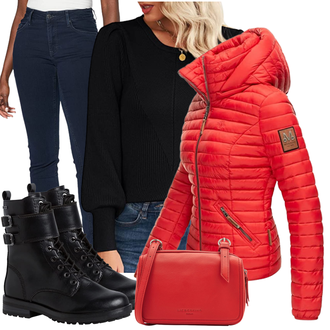 Gefütterte Outfit mit Schwarz SchnürStiefelette/Flache Stiefelette/MotorradStiefel/Biker Boot/SpringerStiefel Tamaris "Bequemes Winter Outfit"