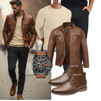 Outfit mit Braun/Dunkelbraun Bikerjacke/Motorradjacke/Leder Bomberjacke/Kunstlederjacke/Vintage Lederjacke Amaci&Sons "Freizeit Outfit"