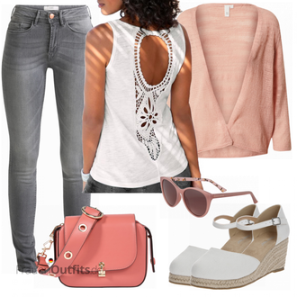 Outfit mit Grau/Hellgrau/Dunkelgrau Lederjacke/Knöchelstiefel/Cropped Jeans/Jeans mit Schlitz/Low Rise Jean/Low Waist Jean/Push up Jeans/Regular-Fit Jeans/Slim Fit Jeans/Leder Schuhe/Winterjacke Ichi "Sommerliches Freizeit Outfit"