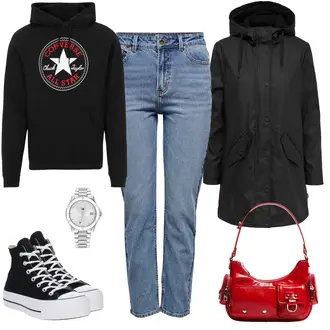 Wasserdicht Outfit mit Schwarz/Dunkelgrau/Grau Regenjacke/Funktionsjacke/Parka-übergangsjacke/Wachsjacke/Winter Parka/Goretex Mantel/Kapuzenmantel/Parka/Regenmantel/Regenmantel & Funktionsmantel/Dreiviertellanger Mantel Only "Converse Freizeitlook"