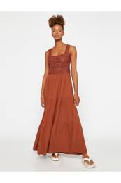 Long Dress with Crochet Detailed Straps, Square Collar