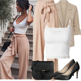 Uski kroj Outfit sa Bijela/Krem Skraćena majica bez rukava/Kratki Top/Bustijer-top/Čipkasti Top/Majica na špagete/Crop Top Čipka Only "Jarní outfit"