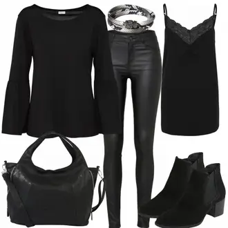 Party Outfits mit Schwarz/Weiß Lederjacke/Lederimitathose/Lederlegging/Leggings Lederoptik/Lederhose/Skinny Hose/Treggings/Biker Jeans/Thermojeans Vila "SexyBlack"